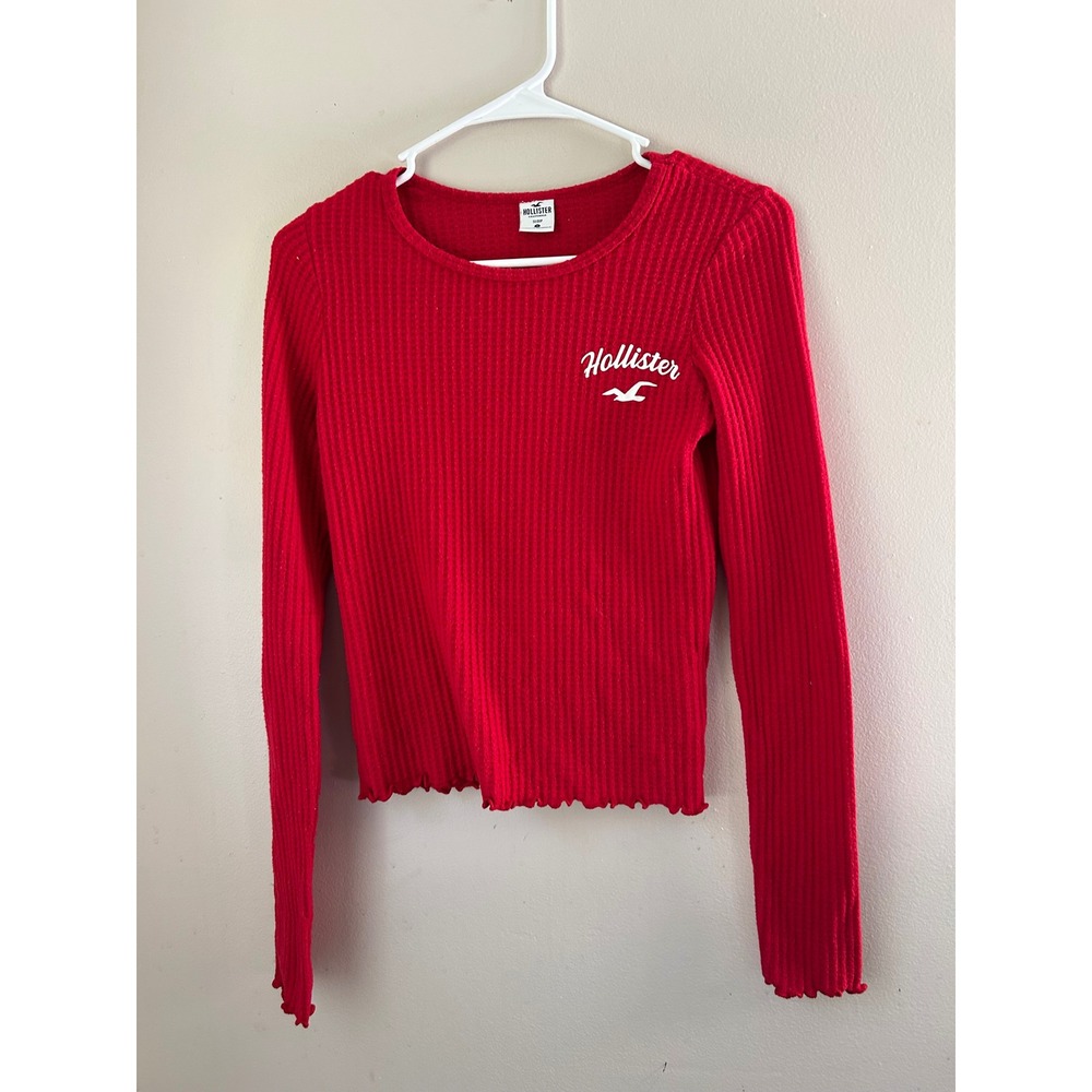 Hollister Red Long Sleeve Ribbed Knit Top Cropped‎ Shirt Woman's Lounge Cozy